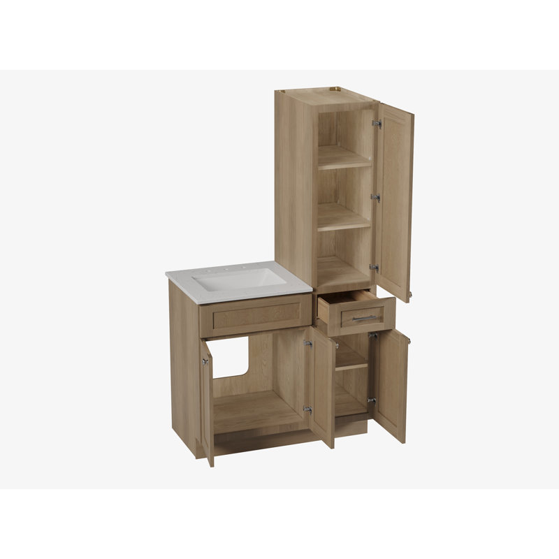 Disar 39'' Single Bathroom Vanity With Right Linen Tall Cabinet Dovetail Solid Wood Drawer Carrara Quartz Top, Natural Oak