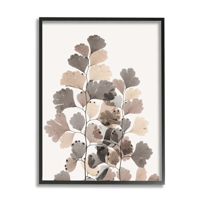 Arrangement moderne de feuilles de ginkgo translucide brun gris sur fond gris surdimensionné rustique encadré par estampe numérique par Albert Koetsier