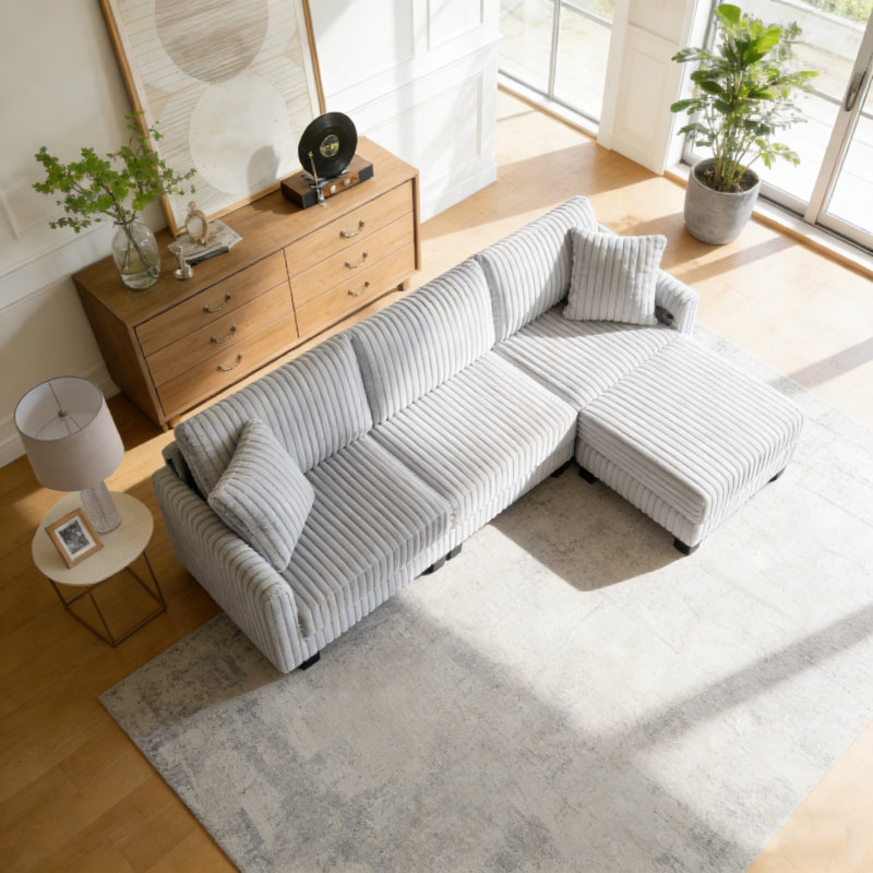 4-Piece 100'' Corduroy Reversible L-Shape Sectional Sofa With Ottoman，Built-In Dual Charging Ports At The Arms