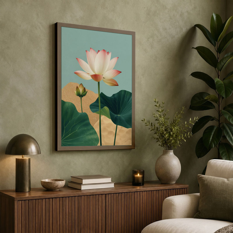 Lotus in Bloom Botanical - Wrapped Canvas, 36x24 - 91.4 x 61.0 cm, Teal Border