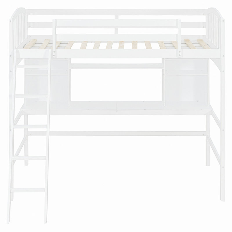 Lit mezzanine avec tablettes de rangement, bureau et échelle