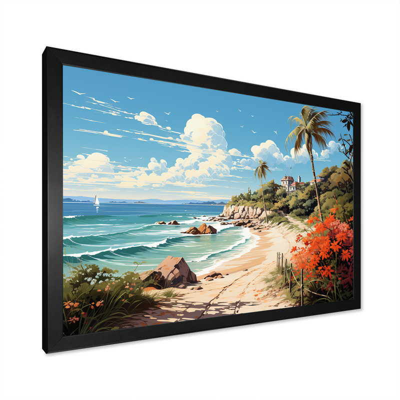 Impression sur toile Turquoise Seaside Trek III, Cadre simple noir, H 16 po x l 32 po x P 1 po
