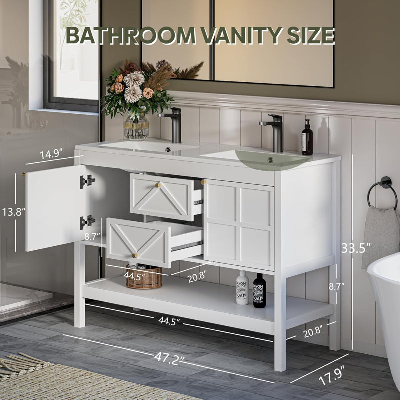 48" Farmhouse Undermount Double Sink Vanity with Soft-Close Doors & Open Storage Shelf, White