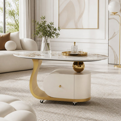 39.4" Sintered Stone Coffee Table with Drawer, Stainless Steel Base & 4 Lockable Casters, Modern Mobile Oval End Table