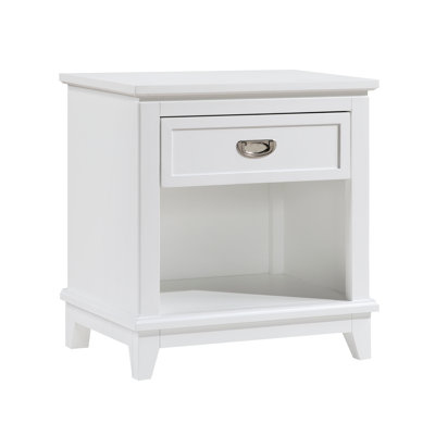 Sely Nightstand, 1 Drawer W Open Cubby, White Wood, Ring Handle by Benjara