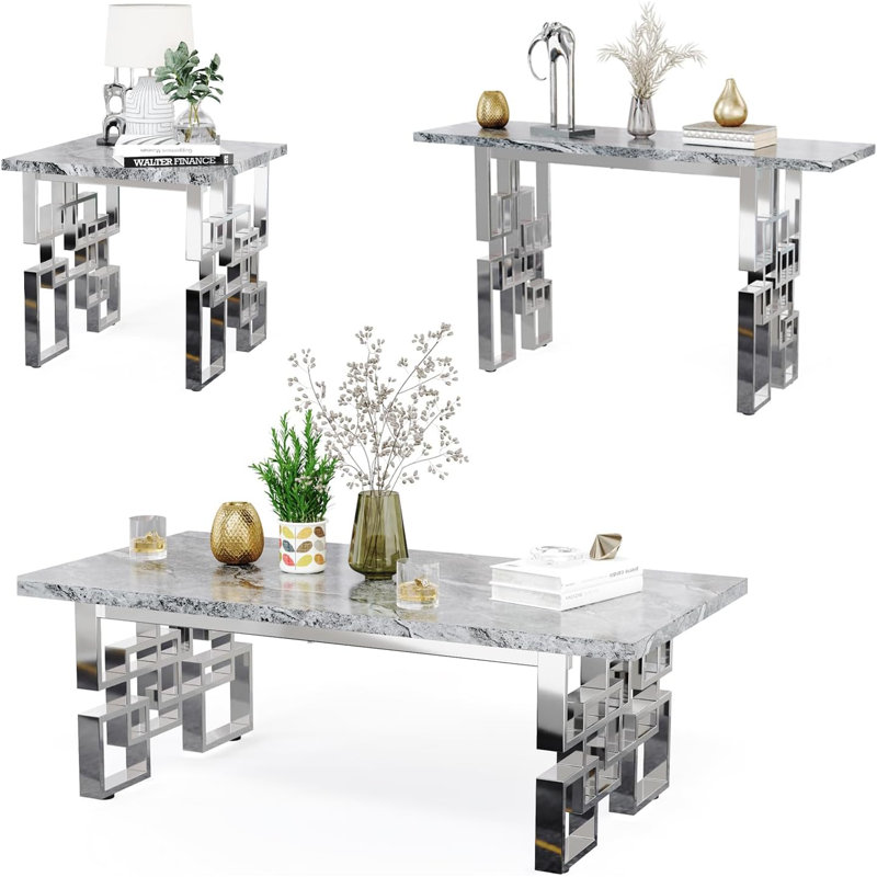 3 Piece Grey And Silver Living Room Table Set