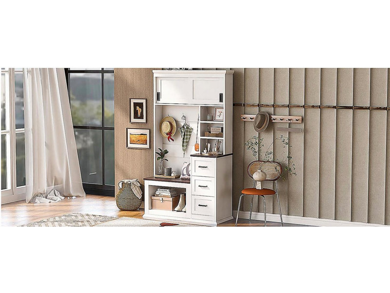 Banc de vestibule moderne avec portemanteau, 3 tablettes et tiroirs, 3 crochets robustes, portemanteau large de 40,2 po avec banc de rangement pour le couloir, l'entrée et le salon