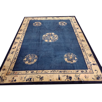 Antique Hand Knotted Pile Wool Blue 1900s Rectangle Rug