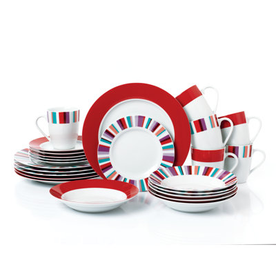 Waterside 24pc Mix and Match Colour Stripe Porcelain Dinner Set