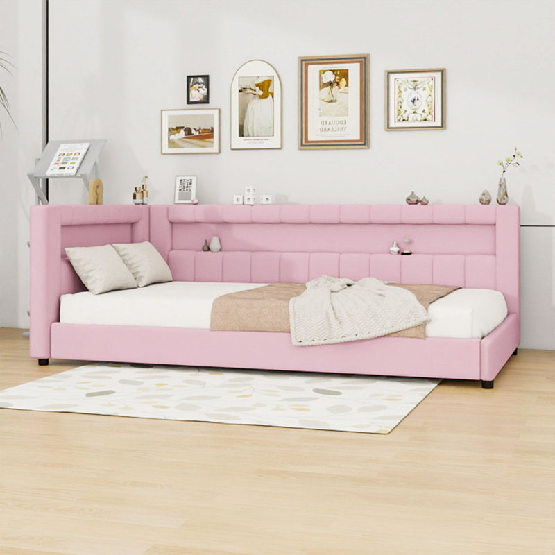 Lit de jour rembourré avec ceinture DEL et ports USB, Simple très long, Rose
