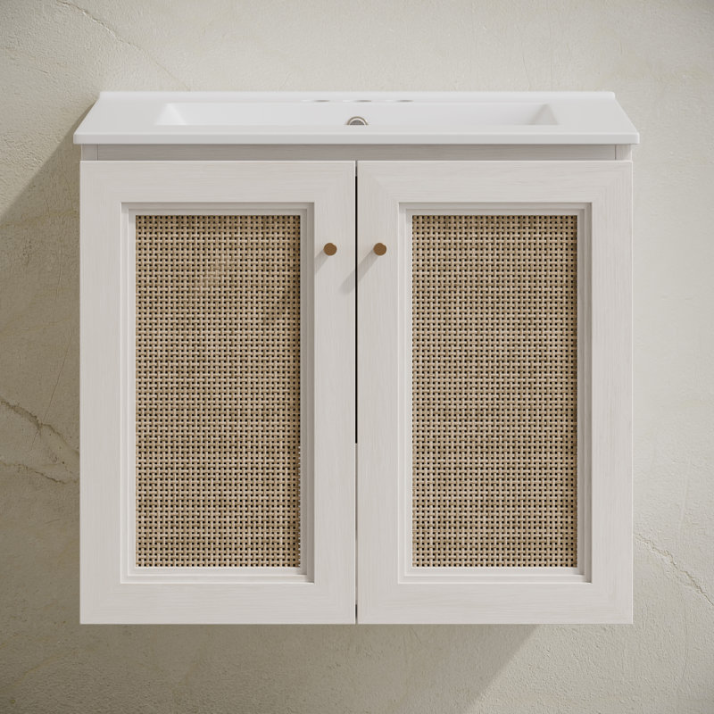 Meuble-lavabo mural 24 po Witkowski en chêne blanc avec trous pour robinet central
