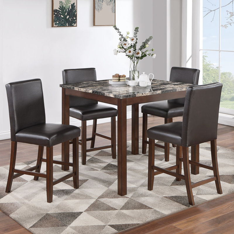 5 Piece Counter Height Dining Set With Footrest, Gray/Walnut/Black