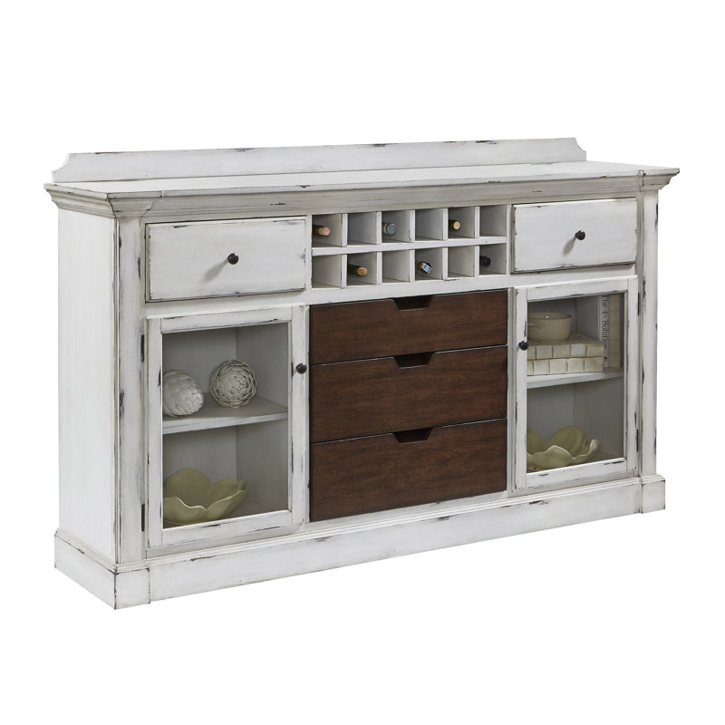 Distressed White and Brown Poplar Wood Sideboard with Storage