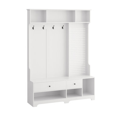 Multi-Purpose Hallway Hall Tree With Removable Linen Cushioned Entryway Bench, Coat Rack, Storage Shelves, And DIY Pegboard,For Hallways, Living Room by Red Barrel Studio