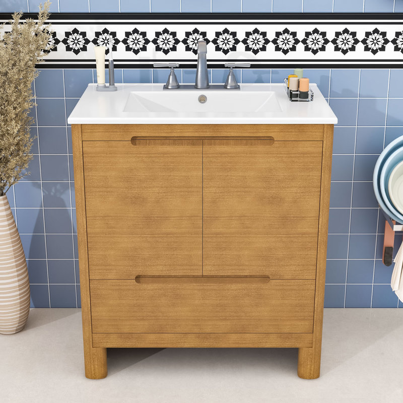Meuble-lavabo moderne avec lavabo durable et rangement, Naturel