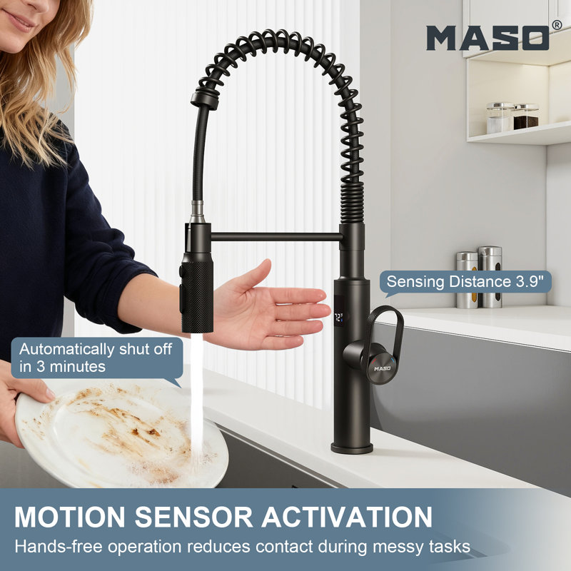 MASO Touchless Spring Kitchen Faucet with Pull-Down Sprayer, Fahrenheit Temperature Display, 3 Spray Modes, 360° Swivel, Single Handle for RV, Farmhouse, Camper, Laundry & Bar,Matte Black