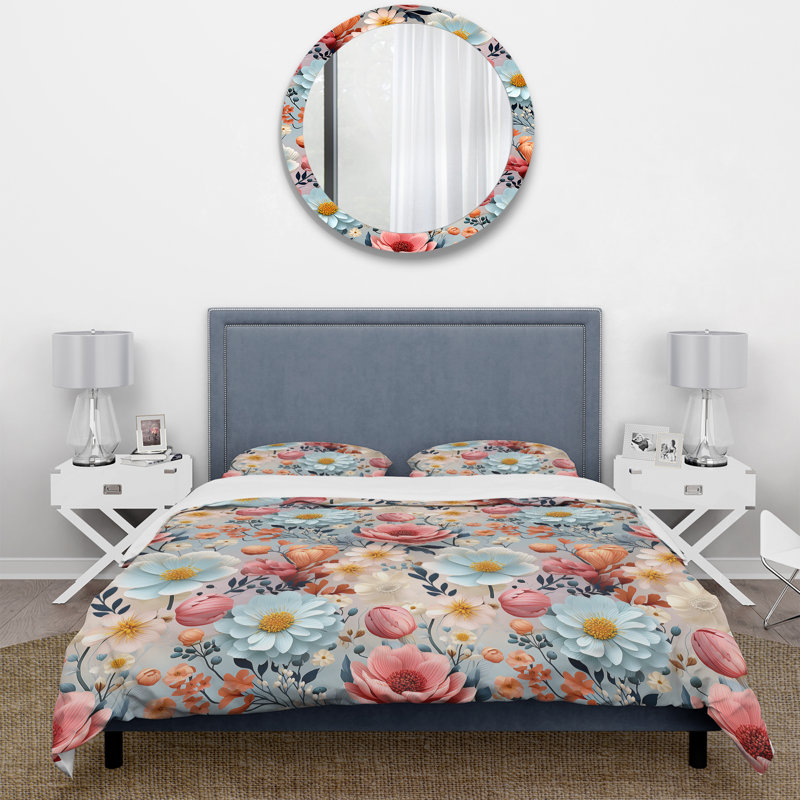 Literie Delight à motif floral rose et beige III, Housse de couette simple + 1 taie décorative stan