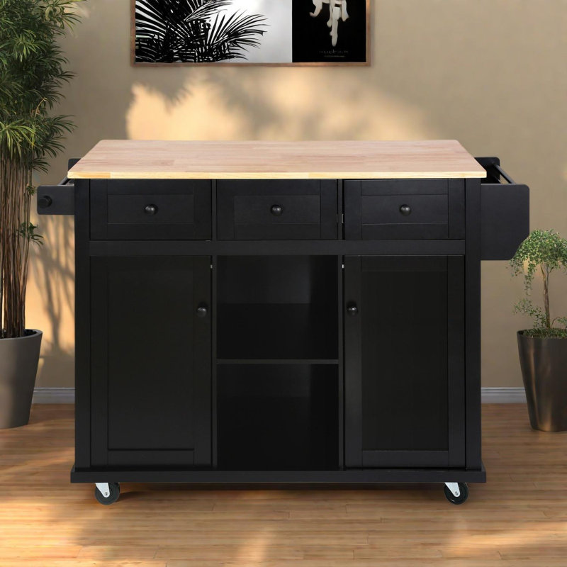 Kitchen Cart with Drop-Leaf Countertop and Internal Storage Racks, Black