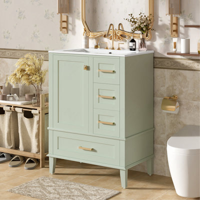 24.8" Bathroom Vanity with Ceramic Sink, Modern Freestanding Cabinet Featuring Soft-Close Door, Deep Drawer, Shallow Drawer & Wide Drawer for Space-Saving Storage