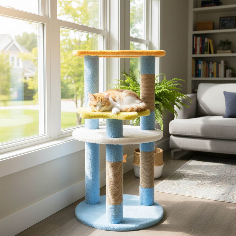 Arbre à chat 29 po avec plateforme en forme d'étoile et de lune, 29 po, Bleu, jaune et orange