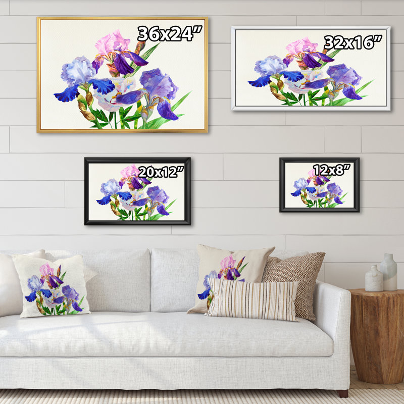 «Iris bleu et mauve en été III», reproduction sur toile flottante, H 24 po x l 36 po x P 1 po, Cadre flottant noir