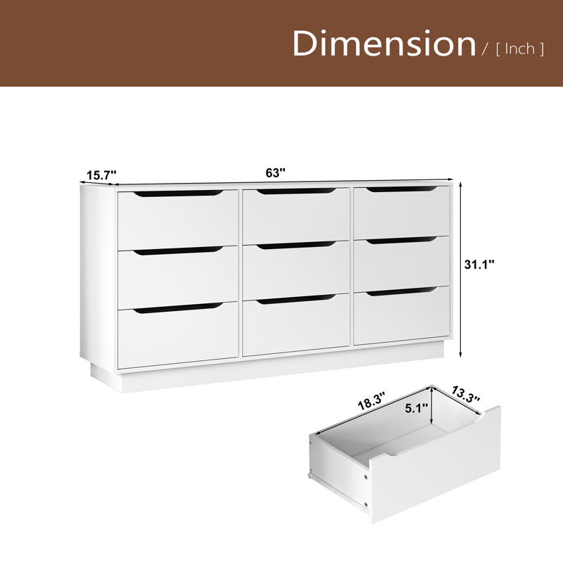 Commode 9 tiroirs pour la chambre à coucher avec tiroirs profonds, commodes en bois à grand plancher et commode, commodes longues modernes pour le placard du salon