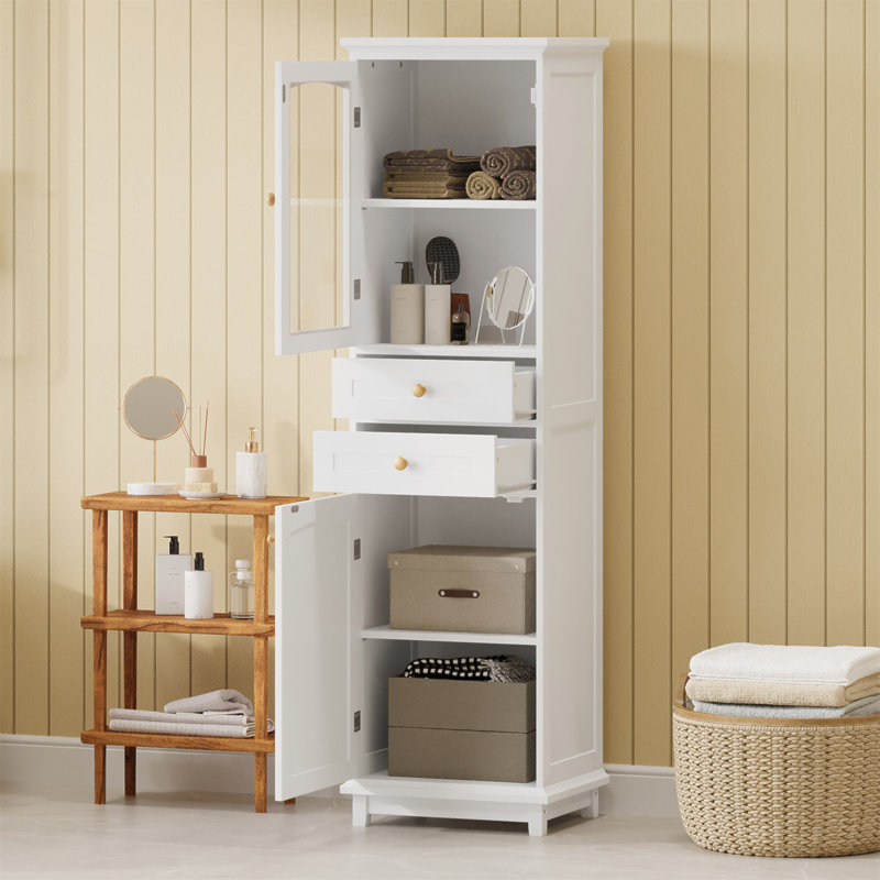 Tall Bathroom Storage Cabinet With Glass Doors, Free-Standing, Two Drawers, And Adjustable Shelves, MDF Board, Painted White - Perfect For Displaying Your Favorite Items