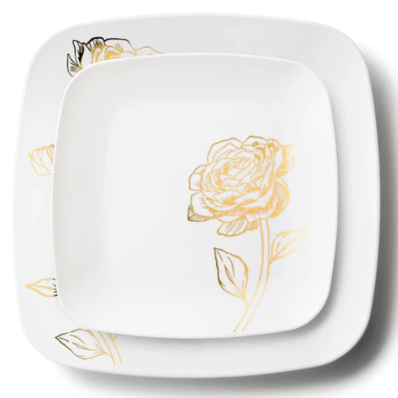 Disposable White Square Plastic Plates 10 inches- Peony, White/Gold, 120