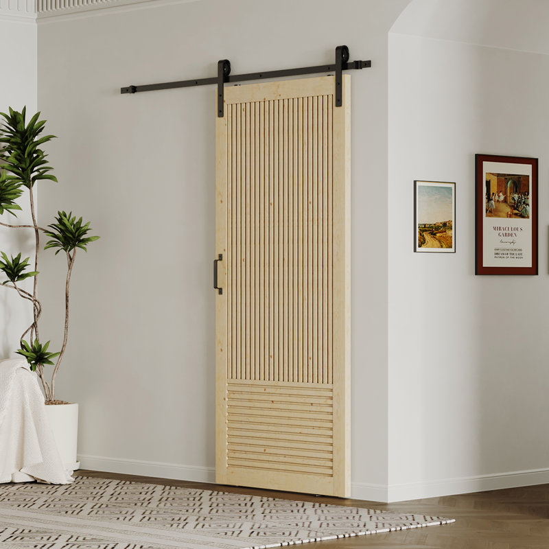 Porte de grange coulissante - Grille en bois de pin à lattes avec quincaillerie noire (panneau de porte prêt à assembler)