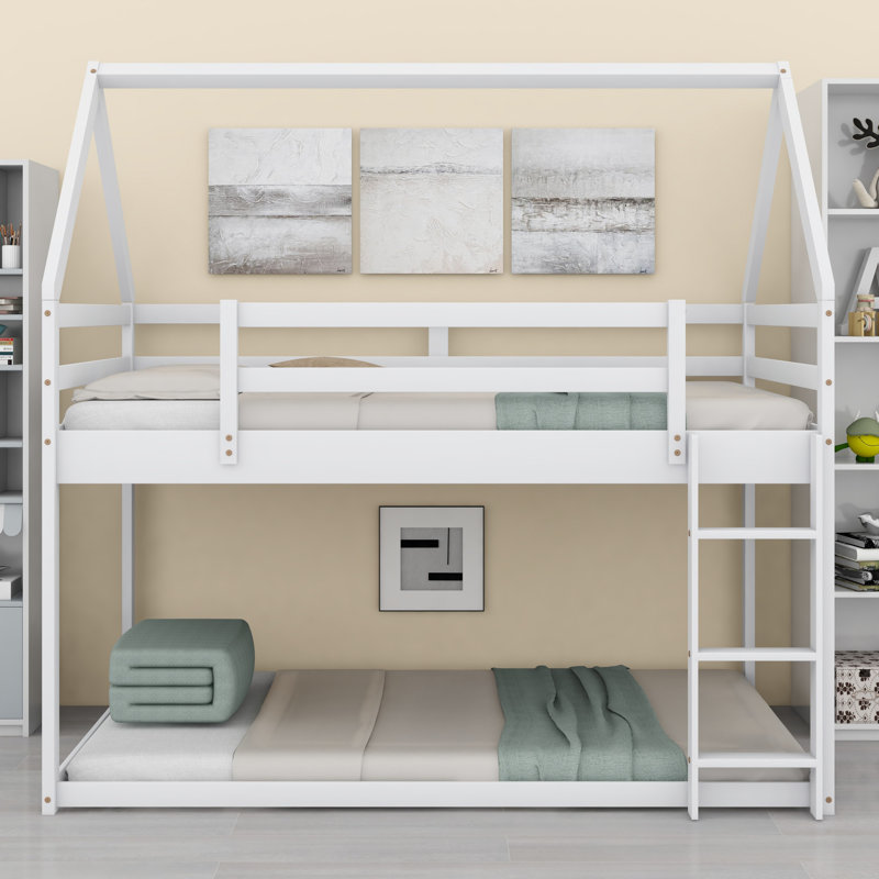 Low House Bunk Bed with Integrated Ladder, White