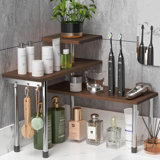 Kitchen Countertop Organizer Corner Shelf - 3 Tier Bathroom Storage Display Counter Shelves Bamboo Spice Rack Desk Bookshelf With Hooks