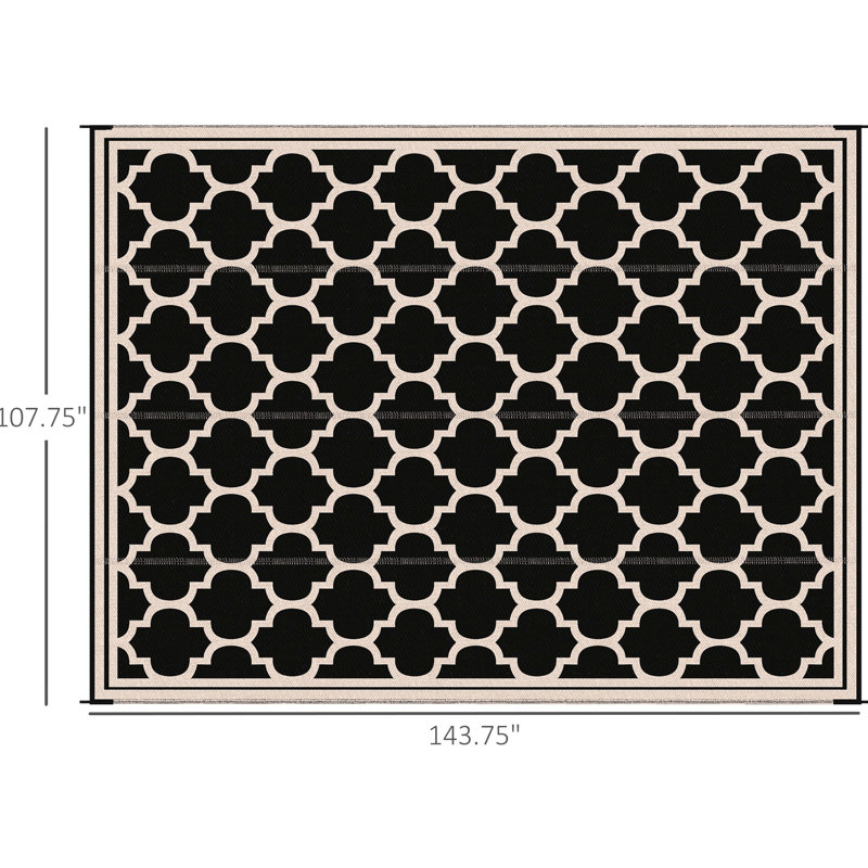 Reversible Backyard Mat, 9' X 12', Waterproof Outdoor Camping Rug With Carry Bag, For Deck, Picnic, Beach, Black Portable Patio Mat Carpet, Backyard, Polypropylene