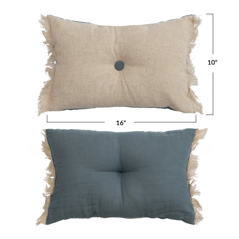 Natural and Blue Linen Blend Reversible Lumbar Pillow with Fringe