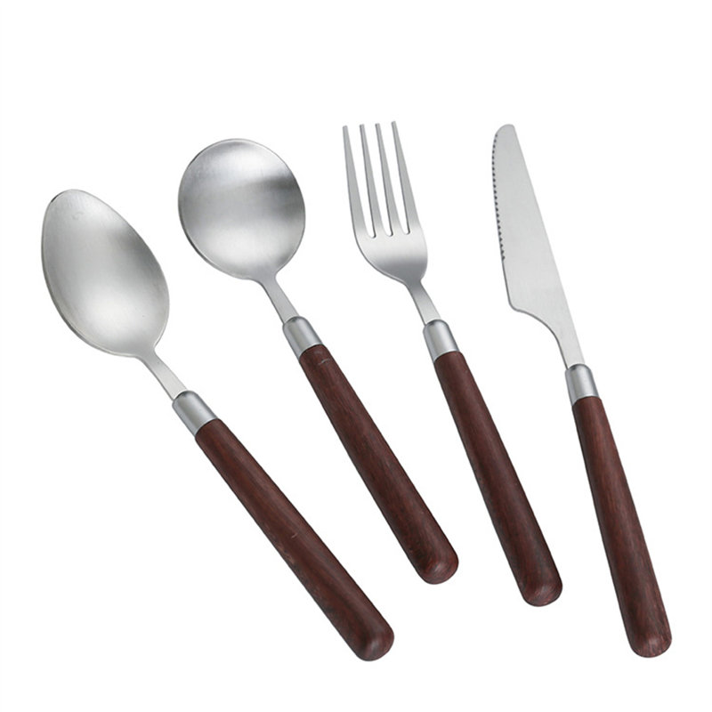 Stainless Steel Flatware Set With Walnut Wood-Inspired Handles - Knives, Forks, Spoons For Dining
