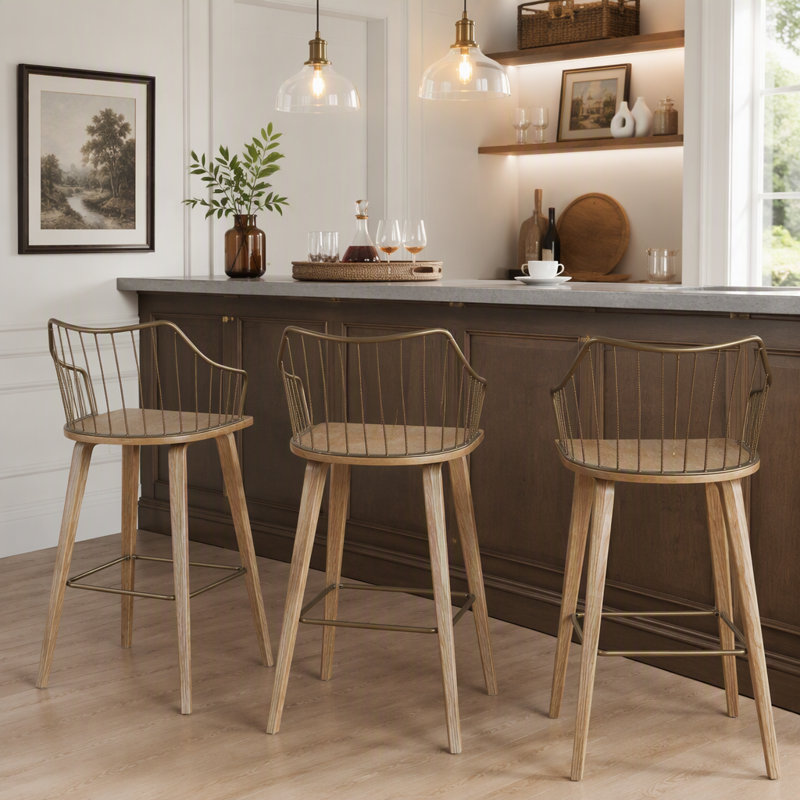 Tabouret de bar à hauteur fixe en bois blanchi et cuivre antique avec repose-pieds carré