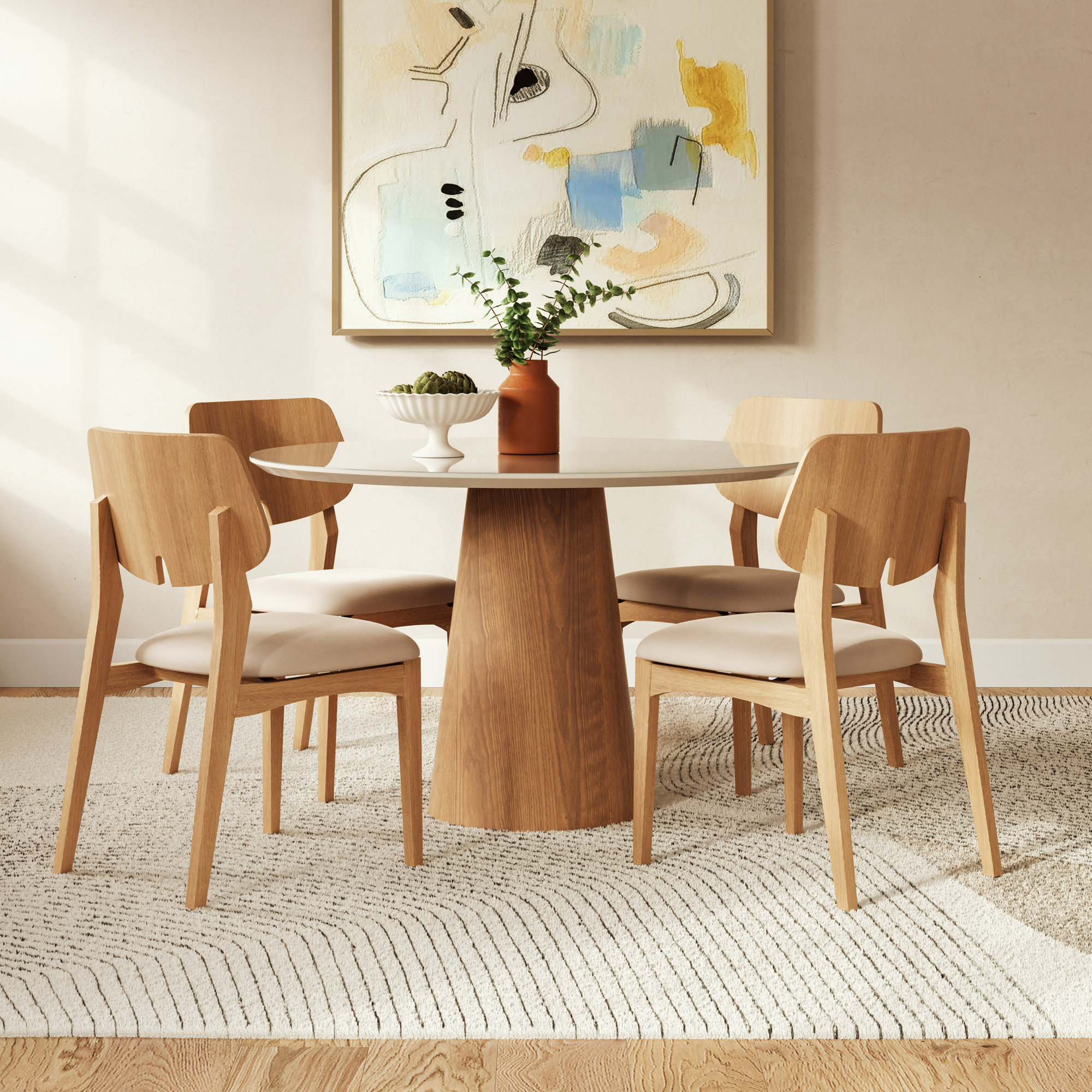 Burdon 47" Glass Top Pedestal Dining Table, Branco/Damasco