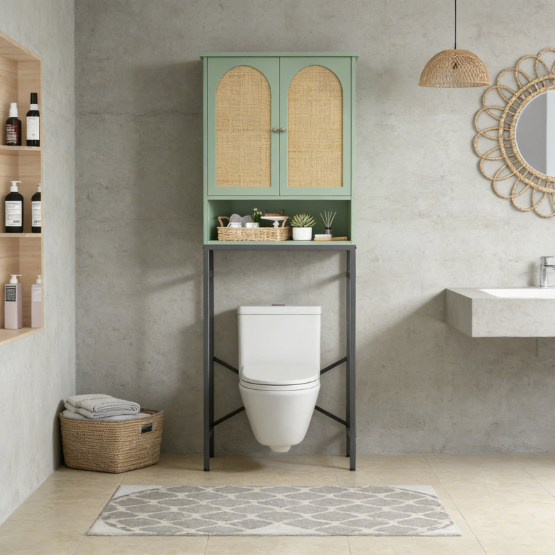 Rattan Toilet Storage Cabinet, Over The Toilet Rack With Metal Stand, Bathroom Organizer With Adjustable Shelf, Space Saver, Green