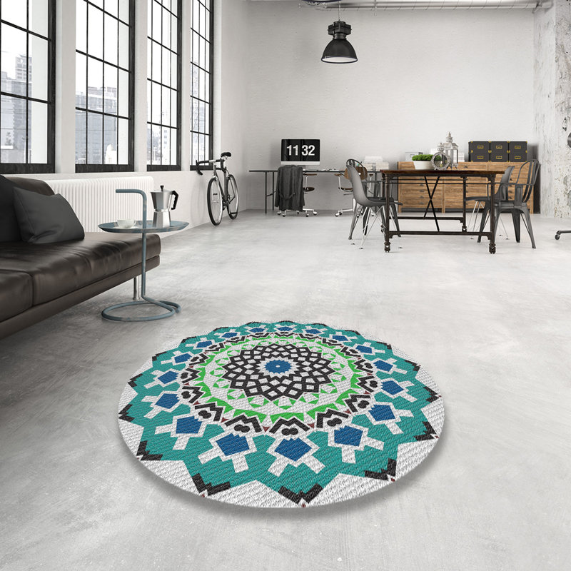 Tapis bleu/vert tissé à la machine, Rond 6 pi