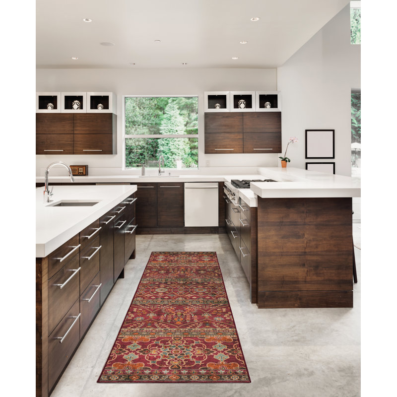 Ducote Washable Garnet and Ivory Machine Woven Area Rug, Runner 2' x 8'