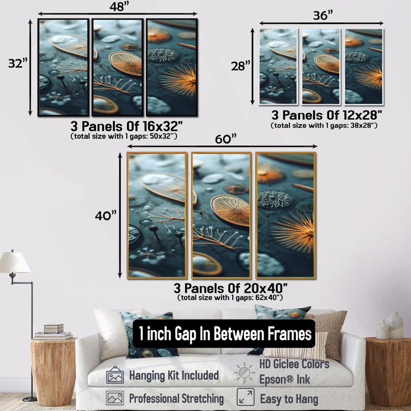 Microscopic Life Botanical - Abstract Print Wall Art Decor Set, Silver Floater Framed, 40" H x 60" W x 1" D