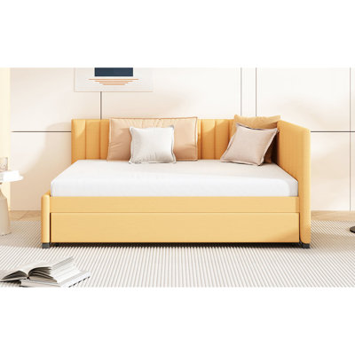 Yellow Linen Daybed With Trundle, No Box Spring Required, Stable And Robust Particle Board Structure For Home Upholstered Trundle In Linen, Spring, Wood Frame Space Optimization
