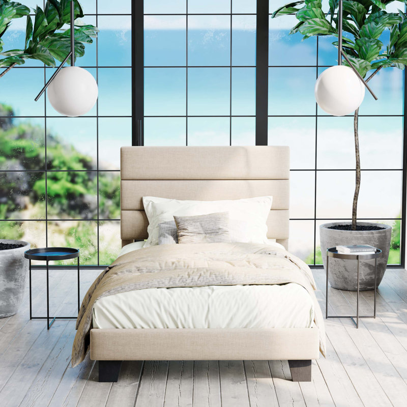 Lit plateforme Elison avec tête de lit tapissier en tissu et lattes en bois, Beige, Simple