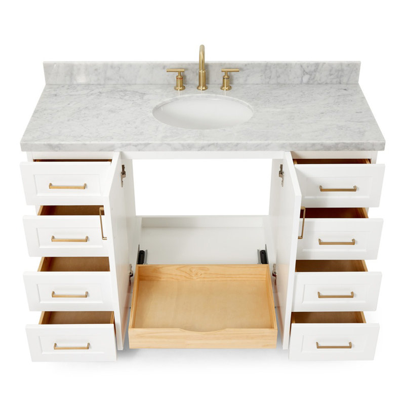 Ensemble de meuble-lavabo simple 55 po en bois massif blanc avec plateau en marbre de Carrare 1,5 po Freitas, Ovale, Blanc