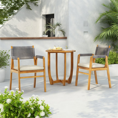 Ensemble repas d'extérieur en bois d'acacia avec coussin 3 pièces