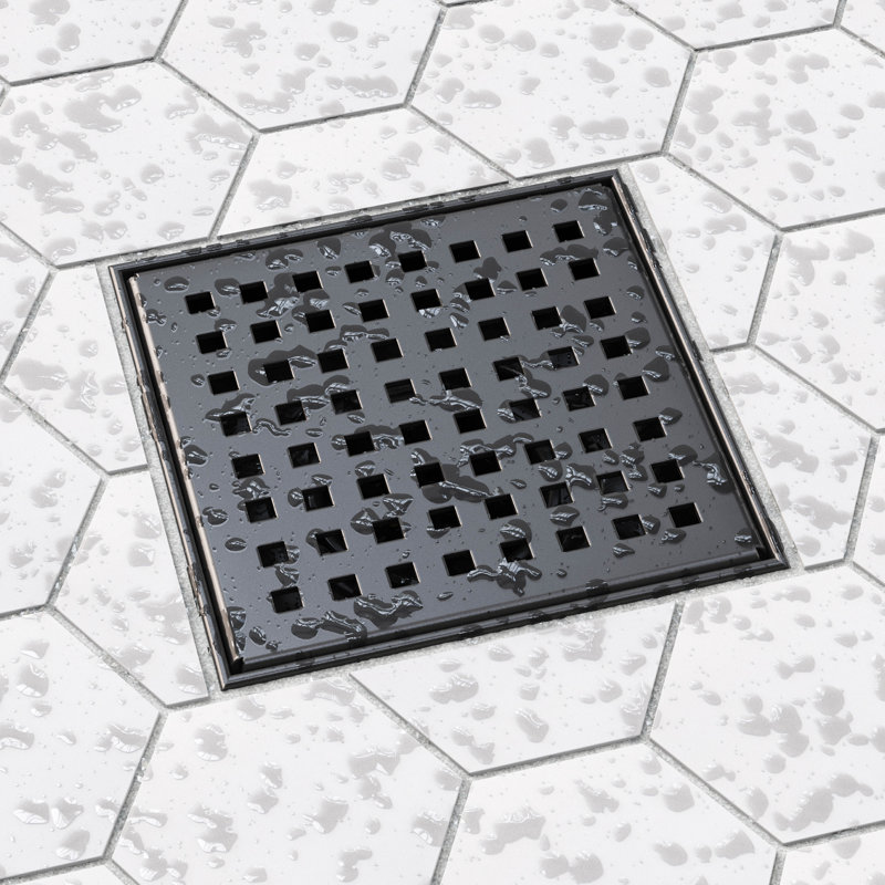 Drain de douche carré avec grille carrée, 4 po x 4 po, Noir mat