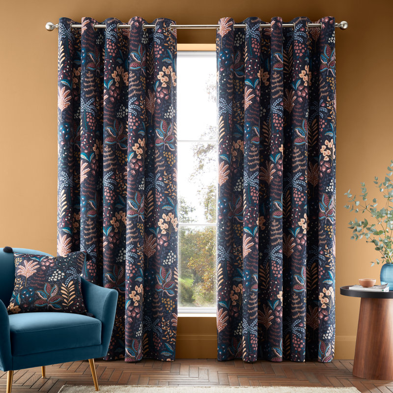 Exotic Leaves Soft Recycled Polyester Velour Eyelet Curtains, 66cm Width x 137cm Drop