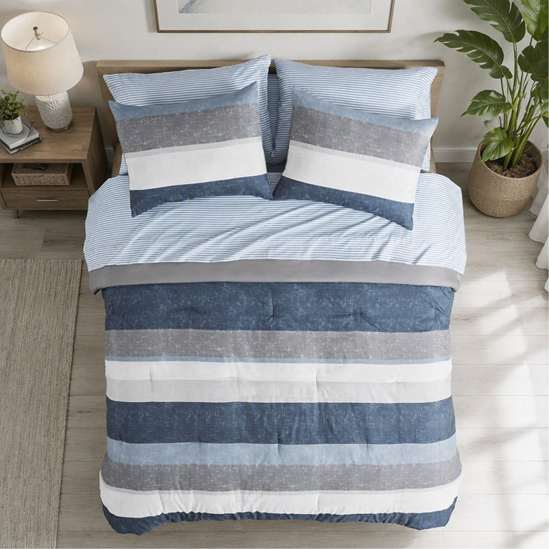 Ensemble de couette rayée avec draps - Bleu/Gris - Grand lit, Full / Double Comforter + 6 Additional Pieces