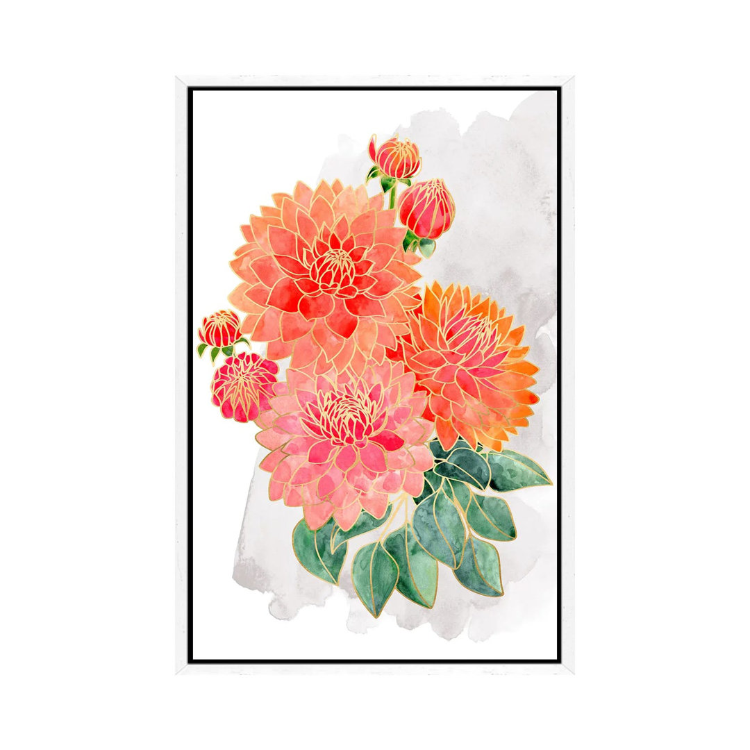 Pacey Dahlien Bouquet In Coral Watercolor von Blursbyai - Galerie-verpackt Leinwand Giclée auf Leinwand