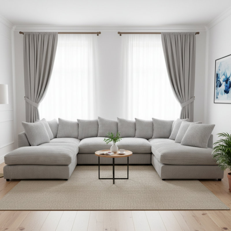 5 Seater Corduroy Corner Sofa , Silver