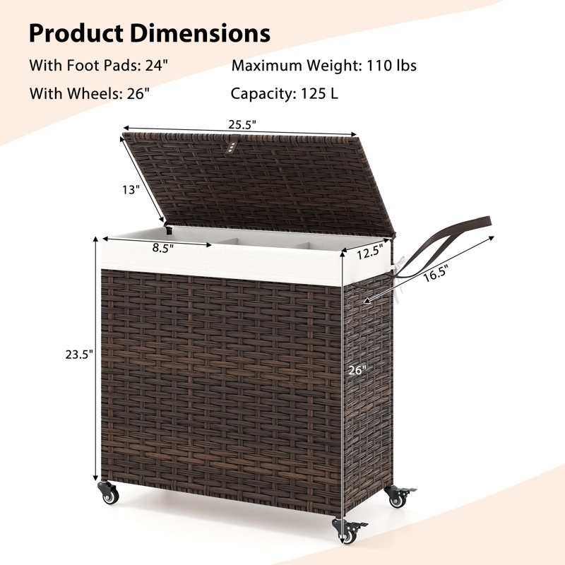  Laundry Hamper W/wheels & Lid 125l 3-section Clothes Hamper W/2 Liner Bags , Brown